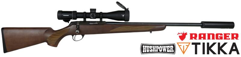 Buy 17HMR Tikka T1x Hunter Blued Wood 20" with Ranger Premier 4.5-14x44 & Braveheart Silencer in NZ New Zealand.